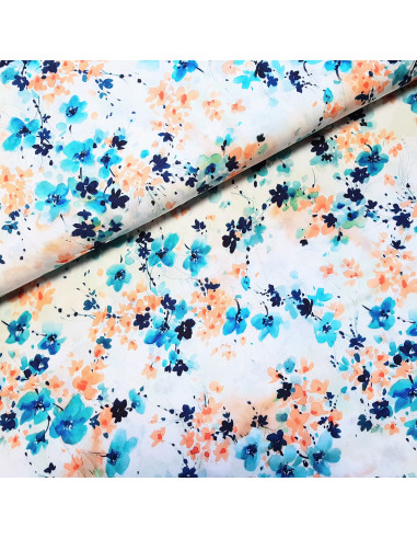 Tissu, Viscose Imprimée Fleurs Champêtres, Blanc Bleu Orange, Laize 145 cm, 100% Viscose 152g/m²