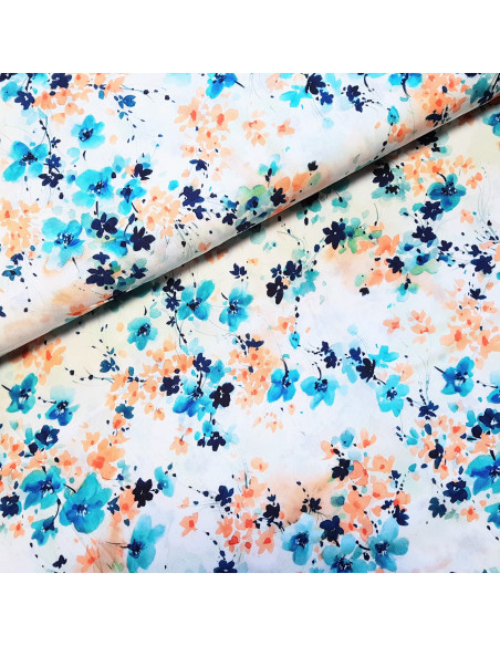 Tissu, Viscose Imprimée Fleurs Champêtres, Blanc Bleu Orange, Laize 145 cm, 100% Viscose 152g/m²