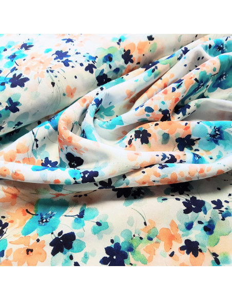 Tissu, Viscose Imprimée Fleurs Champêtres, Blanc Bleu Orange, Laize 145 cm, 100% Viscose 152g/m²