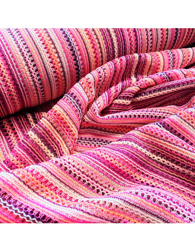Tissu, Filet Macramé Rayé Ajouré, Roses Multicolores, Laize 150 cm, Polyester Élasthanne