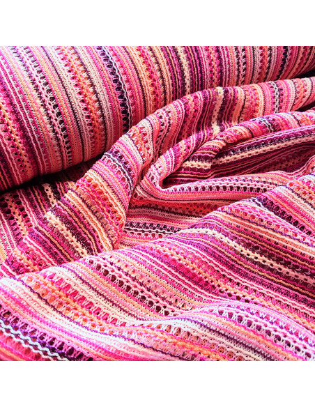Tissu, Filet Macramé Rayé Ajouré, Roses Multicolores, Laize 150 cm, Polyester Élasthanne