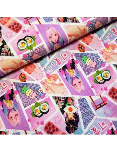 Tissu, Jersey de Coton Imprimé Manga, Rose Pastel, Laize 140 cm, Coton Stretch Oeko-Tex