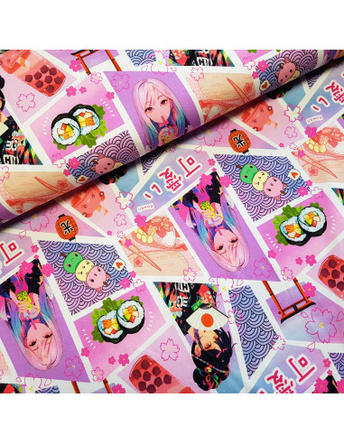 Tissu, Jersey de Coton Imprimé Manga, Rose Pastel, Laize 140 cm, Coton Stretch Oeko-Tex