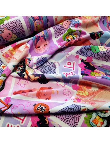 Tissu, Jersey de Coton Imprimé Manga, Rose Pastel, Laize 140 cm, Coton Stretch Oeko-Tex