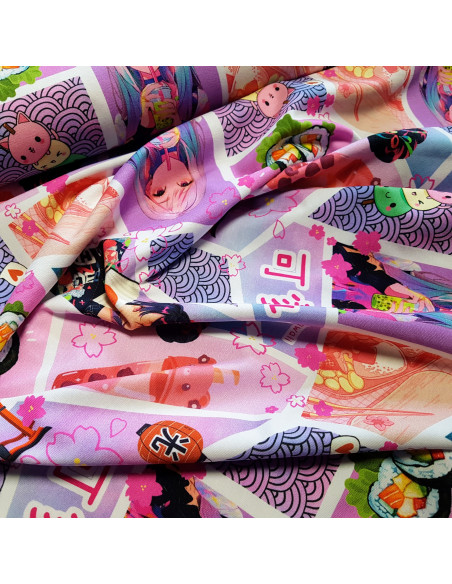 Tissu, Jersey de Coton Imprimé Manga, Rose Pastel, Laize 140 cm, Coton Stretch Oeko-Tex