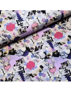 Tissu, Jersey de Coton Imprimé Manga, Violet Pastel, Laize 150 cm, Coton Stretch Oeko-Tex