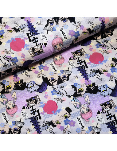 Tissu, Jersey de Coton Imprimé Manga, Violet Pastel, Laize 150 cm, Coton Stretch Oeko-Tex