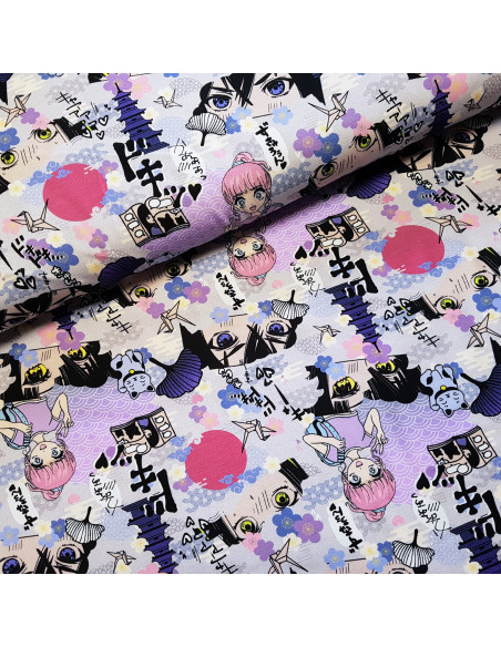Tissu, Jersey de Coton Imprimé Manga, Violet Pastel, Laize 150 cm, Coton Stretch Oeko-Tex