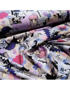 Tissu, Jersey de Coton Imprimé Manga, Violet Pastel, Laize 150 cm, Coton Stretch Oeko-Tex 2
