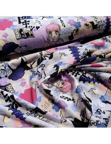 Tissu, Jersey de Coton Imprimé Manga, Violet Pastel, Laize 150 cm, Coton Stretch Oeko-Tex