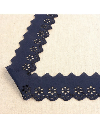 Ruban broderie anglaise, 50mm, fleurs, bleu marine