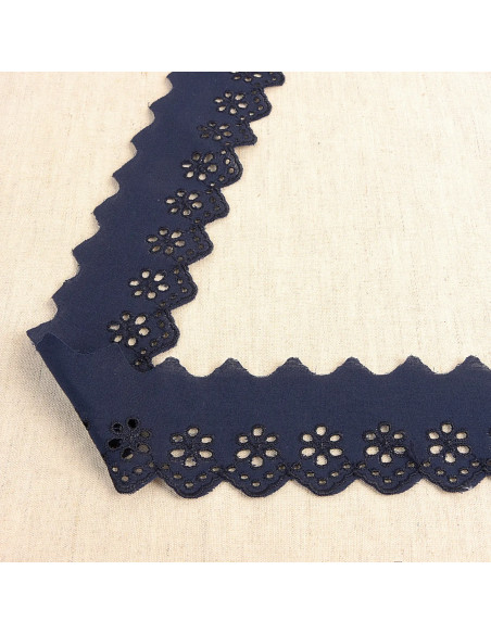 Ruban broderie anglaise, 50mm, fleurs, bleu marine