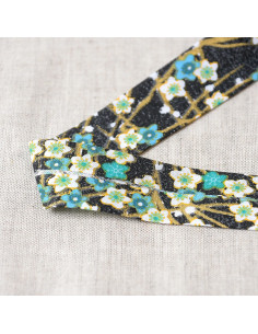 Biais tout textile, fleurs, bleu/vert