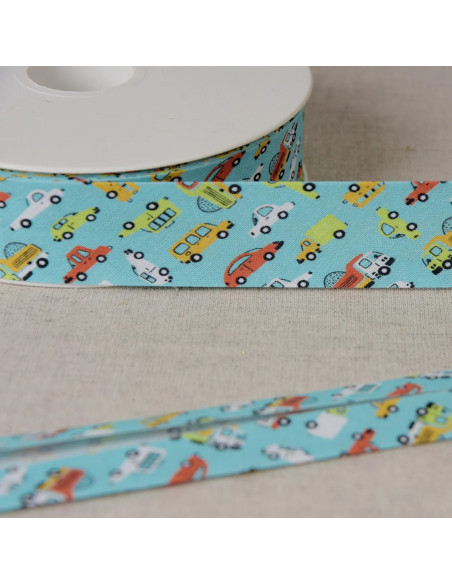 Biais tout textile, voiturettes, bleu