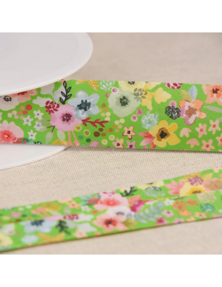 Biais tout textile, fleurs, vert