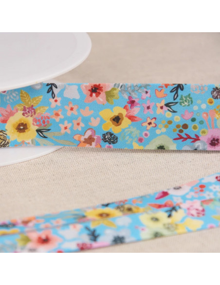 Biais tout textile, fleurs, bleu