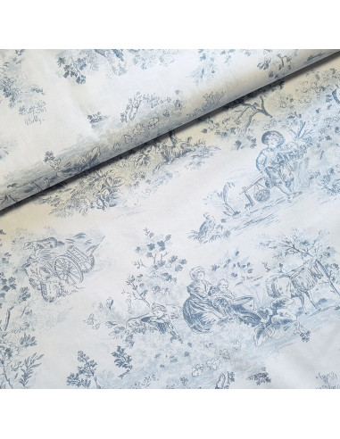 Tissu, Cretonne de Coton, Motif Jouy Blanc, Laize 150 cm, 100% Coton