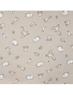Tissu, Jersey de Coton Imprimé Girafes & Hippopotames, Safari Doux, Laize 150 cm, Coton Stretch Oeko-Tex