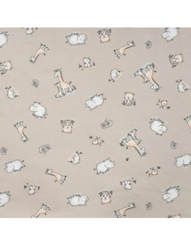 Tissu, Jersey de Coton Imprimé Girafes & Hippopotames, Safari Doux, Laize 150 cm, Coton Stretch Oeko-Tex