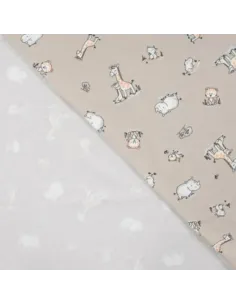 Tissu, Jersey de Coton Imprimé Girafes & Hippopotames, Safari Doux, Laize 150 cm, Coton Stretch Oeko-Tex 2