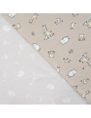 Tissu, Jersey de Coton Imprimé Girafes & Hippopotames, Safari Doux, Laize 150 cm, Coton Stretch Oeko-Tex