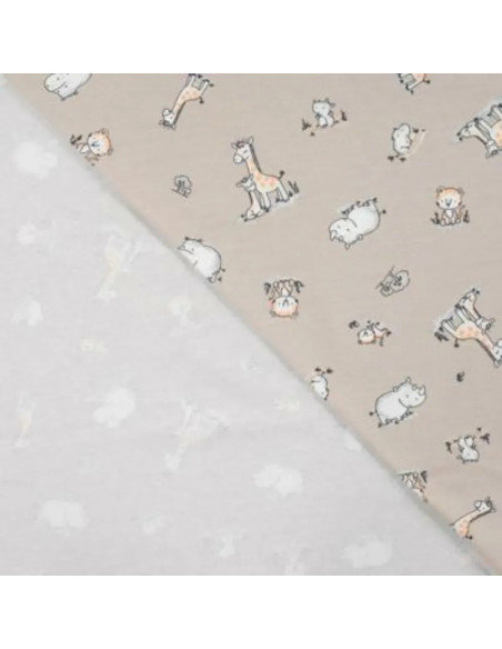 Tissu, Jersey de Coton Imprimé Girafes & Hippopotames, Safari Doux, Laize 150 cm, Coton Stretch Oeko-Tex