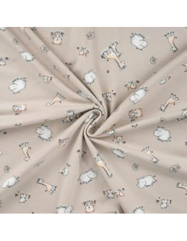 Tissu, Jersey de Coton Imprimé Girafes & Hippopotames, Safari Doux, Laize 150 cm, Coton Stretch Oeko-Tex