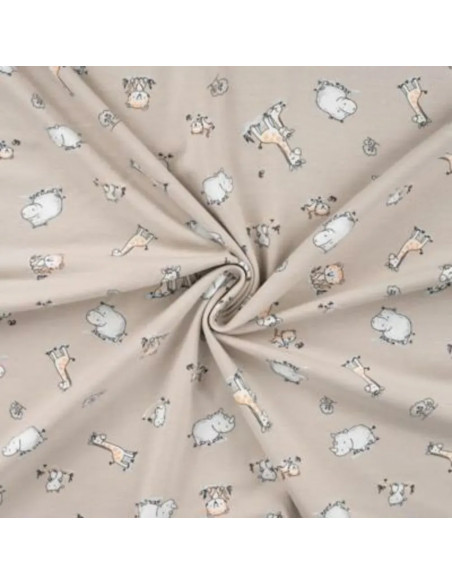 Tissu, Jersey de Coton Imprimé Girafes & Hippopotames, Safari Doux, Laize 150 cm, Coton Stretch Oeko-Tex