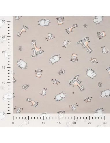 Tissu, Jersey de Coton Imprimé Girafes & Hippopotames, Safari Doux, Laize 150 cm, Coton Stretch Oeko-Tex
