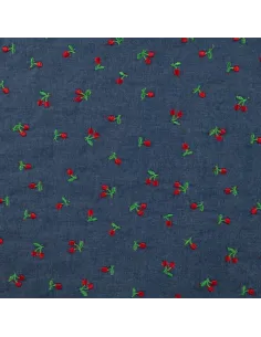 Tissu, Coton Chambray Cerises Brodé, Bleu Clair, Laize 140 cm, 100% Coton 140g/m²