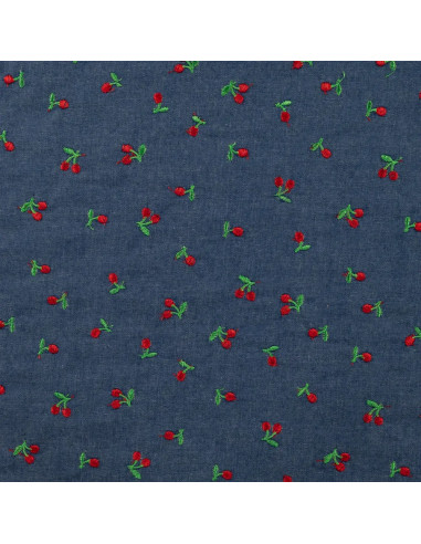 Tissu, Coton Chambray Cerises Brodé, Bleu Clair, Laize 140 cm, 100% Coton 140g/m²