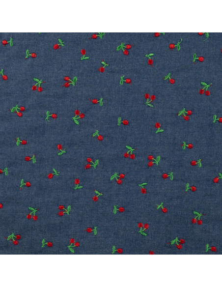 Tissu, Coton Chambray Cerises Brodé, Bleu Clair, Laize 140 cm, 100% Coton 140g/m²