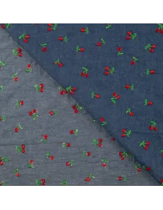 Tissu, Coton Chambray Cerises Brodé, Bleu Clair, Laize 140 cm, 100% Coton 140g/m² 2
