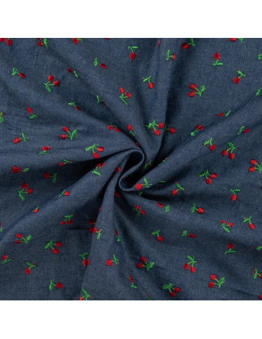 Tissu, Coton Chambray Cerises Brodé, Bleu Clair, Laize 140 cm, 100% Coton 140g/m²