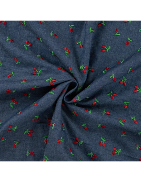 Tissu, Coton Chambray Cerises Brodé, Bleu Clair, Laize 140 cm, 100% Coton 140g/m²