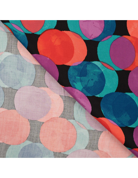 Tissu, Satin de Viscose Imprimé Ronds, Multicolore, Laize 140 cm, 100% Viscose 115g/m²