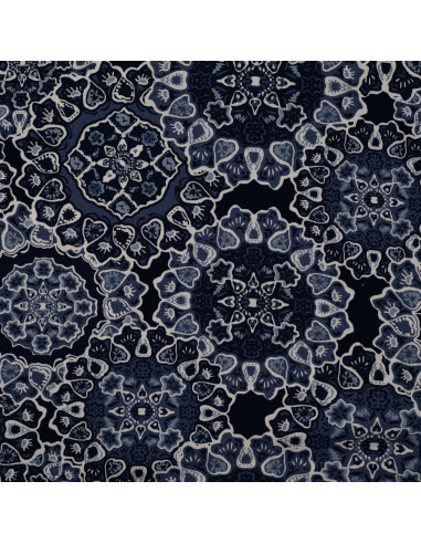 Tissu, Viscose Imprimée Arabesques, Bleu, Laize 140 cm, 100% Viscose 115g/m²