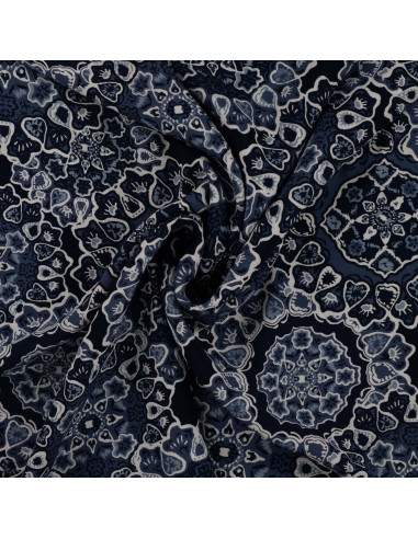 Tissu, Viscose Imprimée Arabesques, Bleu, Laize 140 cm, 100% Viscose 115g/m²