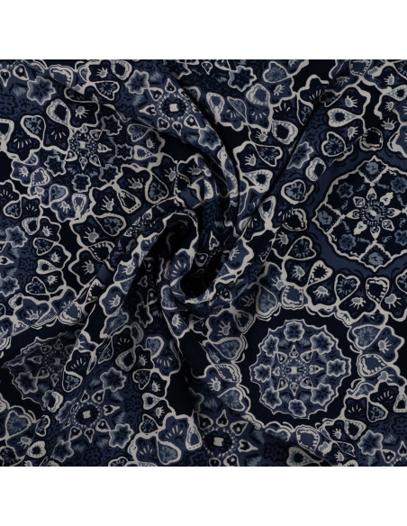 Tissu, Viscose Imprimée Arabesques, Bleu, Laize 140 cm, 100% Viscose 115g/m²