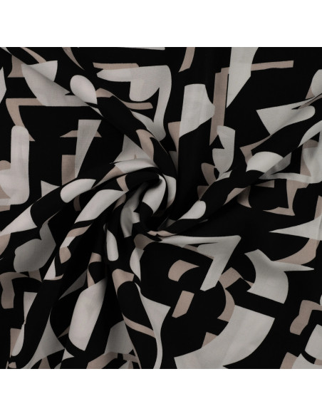 Tissu, Viscose Imprimée Graphique, Noir et Beige, Laize 140 cm, 100% Viscose 115g/m²