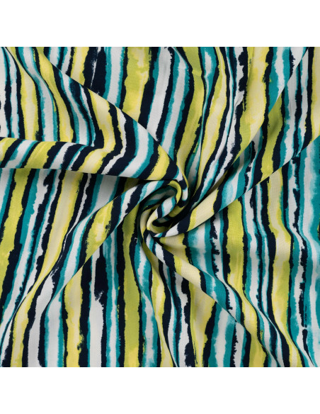 Tissu, Viscose Imprimée Rayures, Vert Citron et Bleu, Laize 140 cm, 100% Viscose 115g/m²