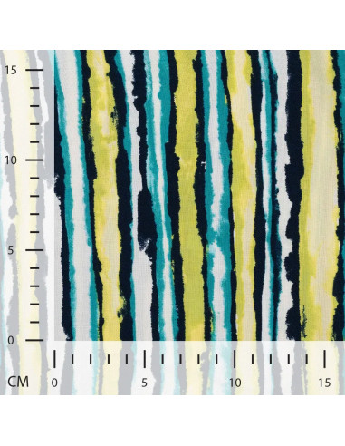 Tissu, Viscose Imprimée Rayures, Vert Citron et Bleu, Laize 140 cm, 100% Viscose 115g/m²