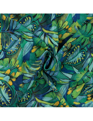 Tissu, Mousseline Feuillage, Vert Bleu, Laize 145 cm, 100% Polyester 70g/m²