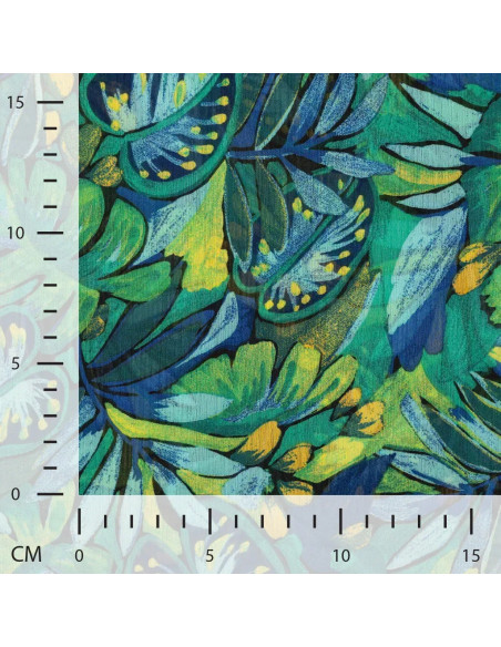 Tissu, Mousseline Feuillage, Vert Bleu, Laize 145 cm, 100% Polyester 70g/m²