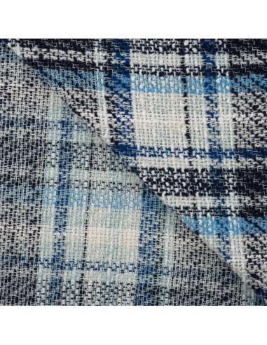 Tissu, Jacquard Style Chanel, Carreaux Bleus, Laize 140 cm, Polyester Acrylique Polyamide