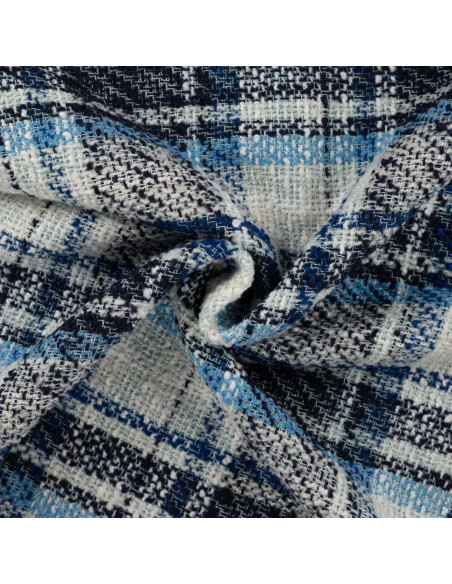 Tissu, Jacquard Style Chanel, Carreaux Bleus, Laize 140 cm, Polyester Acrylique Polyamide