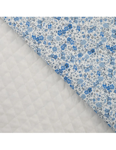 Tissu, Matelassé Impression Digitale Fleurs, Bleu à Fleurs Roses & Violettes, Laize 130 cm, Polyester 75% Coton 25%