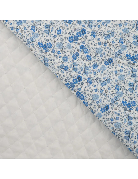 Tissu, Matelassé Impression Digitale Fleurs, Bleu à Fleurs Roses & Violettes, Laize 130 cm, Polyester 75% Coton 25%