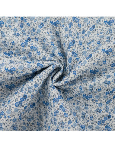 Tissu, Matelassé Impression Digitale Fleurs, Bleu à Fleurs Roses & Violettes, Laize 130 cm, Polyester 75% Coton 25%