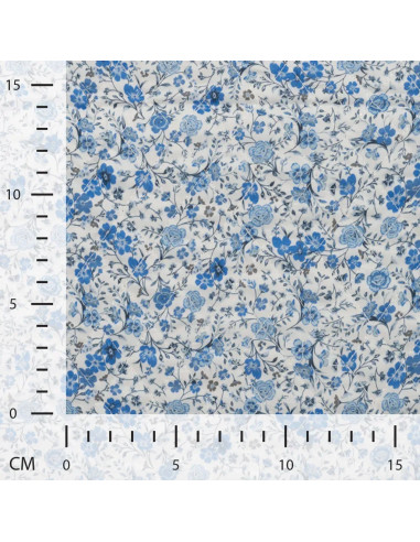 Tissu, Matelassé Impression Digitale Fleurs, Bleu à Fleurs Roses & Violettes, Laize 130 cm, Polyester 75% Coton 25%